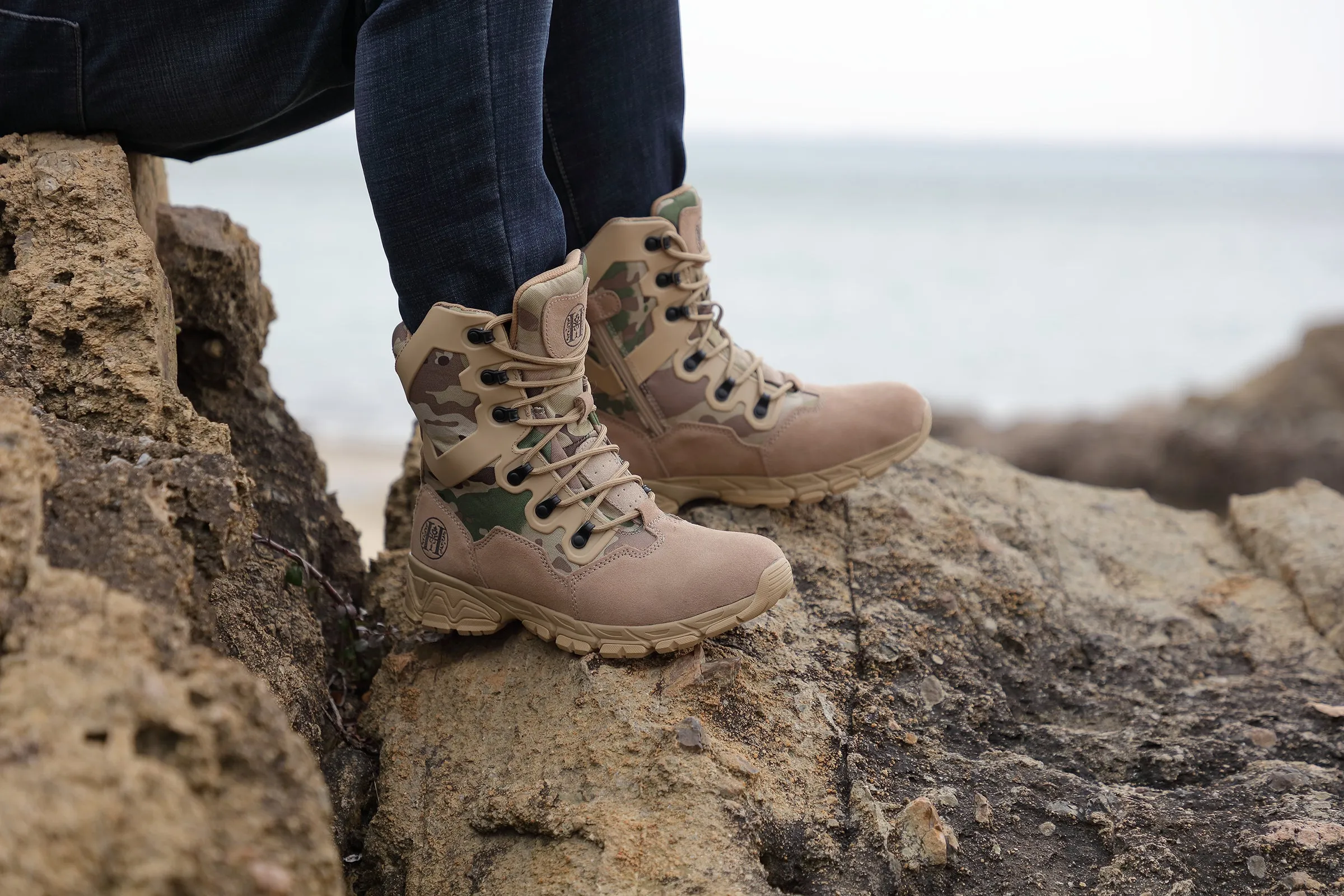 AM1001 8" Men's Military Tactical Work Boots, Hiking Motorcycle Combat Boots with YKK Side Zipper