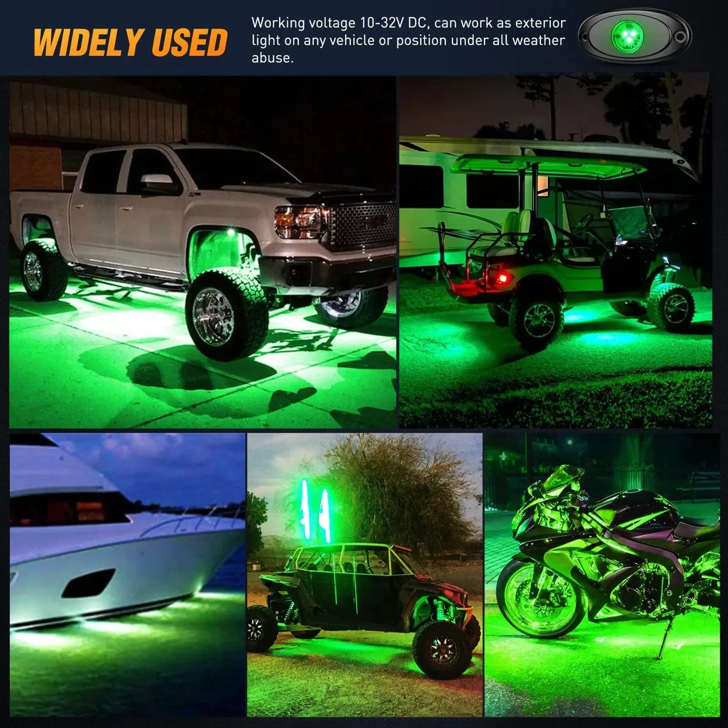 Green LED Rock Lights (6 Pcs)