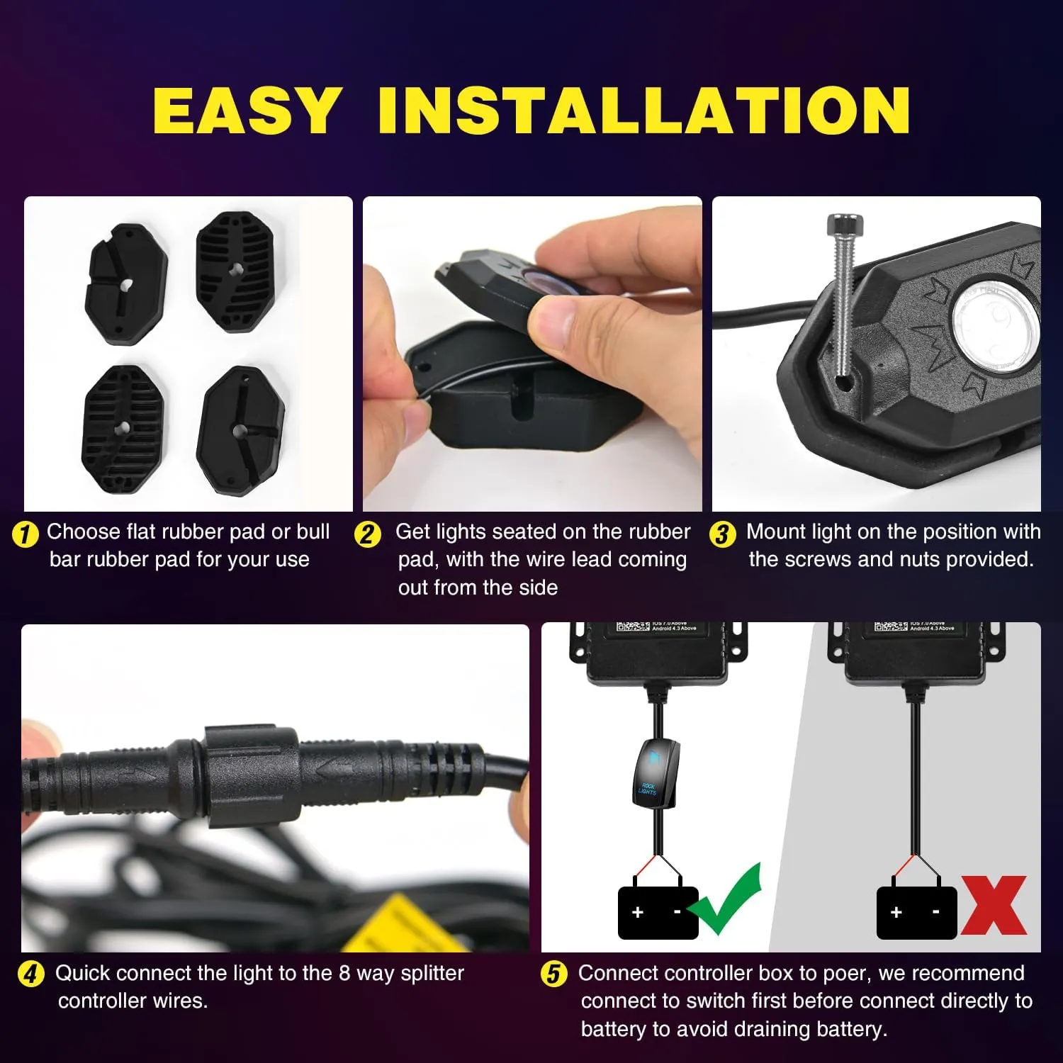 LED RGB Rock Lights Bluetooth Underglow Multicolor Neon (6 Pods)