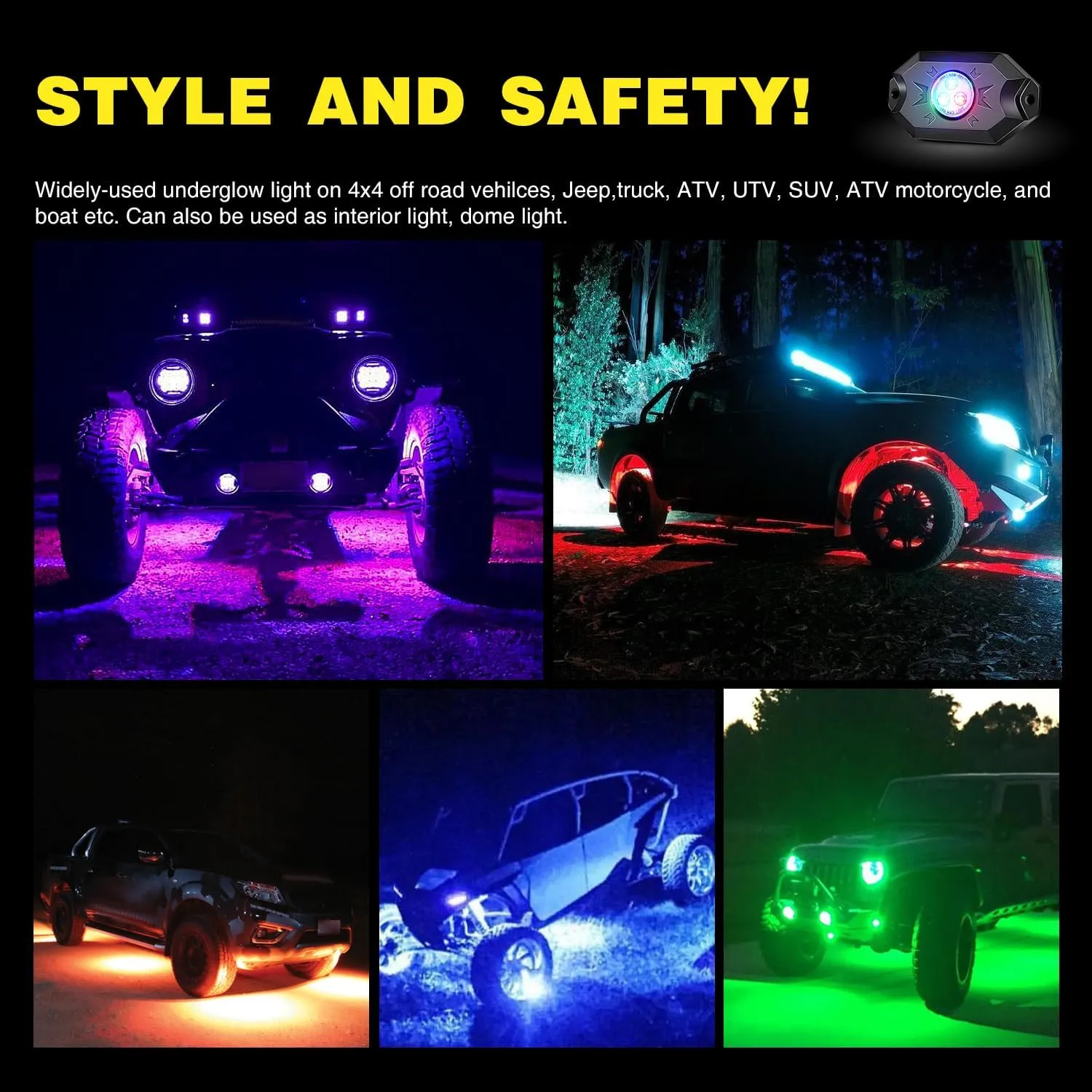 LED RGB Rock Lights Bluetooth Underglow Multicolor Neon (6 Pods)